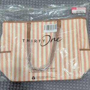 Thirty-One Coral and White Striped Cindy Tote